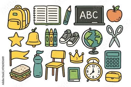 School Icon Doodles. School kids doodle icon set: hand drawn icons of backpack, notebook, pencil, chalkboard, apple, bell, crayons