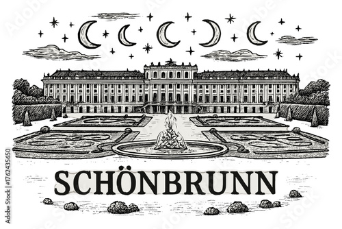Schonbrunn Palace Art. Hand-drawn schonbrunn palace with moons, gardens, and fountains, center word “Schonbrunn” in black and