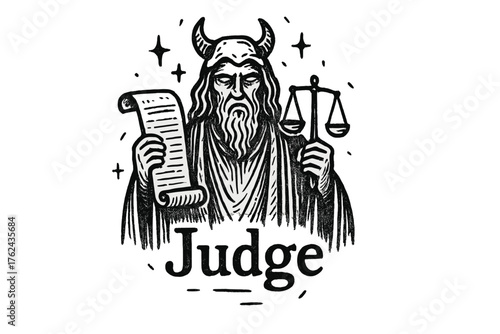 Underworld Judge Illustration. Hand-drawn underworld judge with scrolls, scales, and stars, center word “Judge” in black and white
