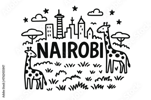 Nairobi Night Safari. Doodle nairobi national park with giraffes, stars, and skyline, center word “Nairobi” in black and white