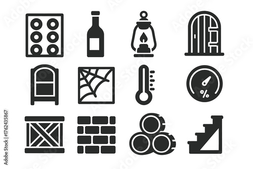 Wine Cellar Icons. Solid style icons of Wine Cellar: wine rack, corked bottle, hanging lantern, cellar door, vintage shelf, cobweb