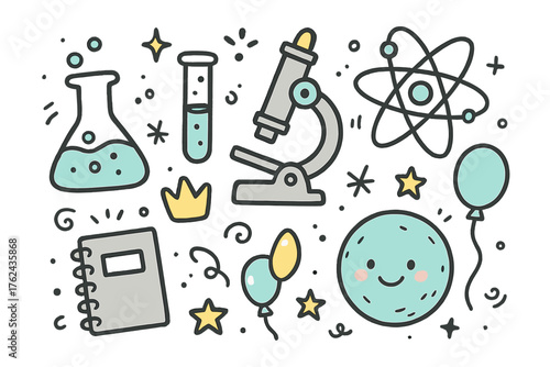 Science Doodle Icons. Science class doodle icon set: hand drawn icons of flask, test tube, microscope, atom, crown, star, balloon,
