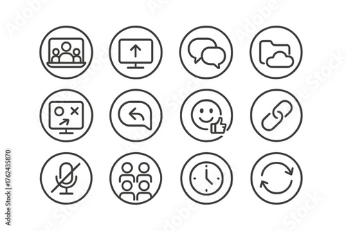 Virtual Collaboration Icons. Line style round icons of virtual collaboration: video conference, shared screen, chat bubble, cloud