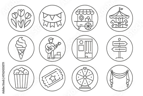 Spring Fair Icons. Line style round icons of spring fair: tulips, garland, candy cart, carousel; ice cream cone, street music,