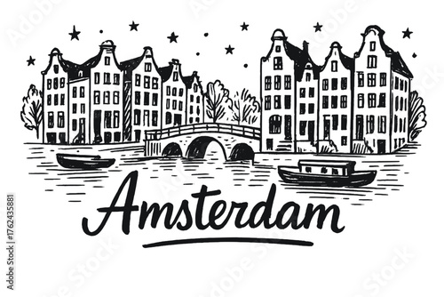 Amsterdam Canal Sketch. Hand-drawn amsterdam canals with stars, boats, and houses, center word “Amsterdam” in black and white