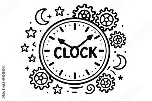 Celestial Clock Doodle. Doodle mechanical clock with stars, gears, and moons, center word “Clock” in black and white isolated