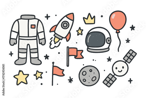 Cosmonaut Icon Doodles. Cosmonaut doodle icon set: hand drawn icons of suit, helmet, rocket, crown, star, balloon, flag, moon, and