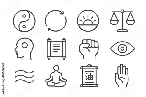 Karate Philosophy Icons. Line style round icons of karate philosophy: yin yang, circle motion, rising sun, balance icon; centered