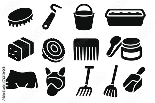 Horse Care Essentials. Solid style icons of Horse Care: grooming brush, hoof pick, feed bucket, water trough, hay bale, curry comb