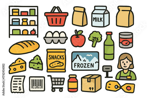 Supermarket Doodle Icons. Supermarket doodle icon set: hand drawn icons of shelves, basket, bag, milk, bread, eggs, fruit,