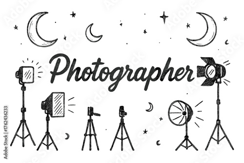 Studio Photography Magic. Hand-drawn photo studio with moons, tripods, and lights, center word “Photographer” in black and white