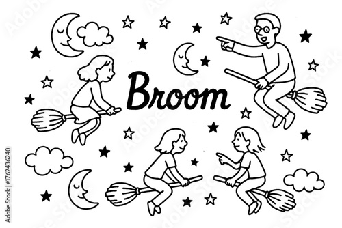Broom Lesson Doodle. Doodle flying broom lesson with moons, clouds, and students, center word “Broom” in black and white isolated