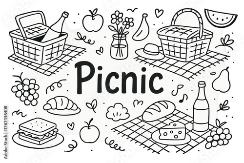 Doodle Picnic Scene. Doodle outdoor picnic with baskets, food, and blankets, center word “Picnic” in black and white isolated