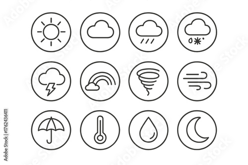 Weather Icons Collection. Line style round icons of weather symbols: sun, cloud, rain, snowflake; thunderstorm, rainbow, tornado,