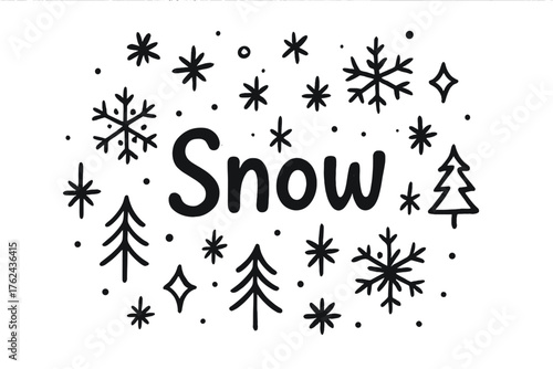 Snowflake Doodle Art. Doodle snowflakes with stars, sparkles, and trees, center word “Snow” in black and white isolated