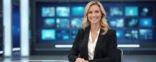 Blonde woman smiles in TV studio. Female news anchor in suit sits at desk. Pro announcer in broadcasting business. Media personality in front of screen.