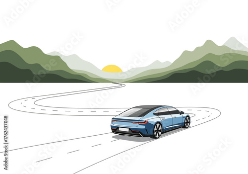 A blue car travels on a winding road against a backdrop of green hills and a setting sun