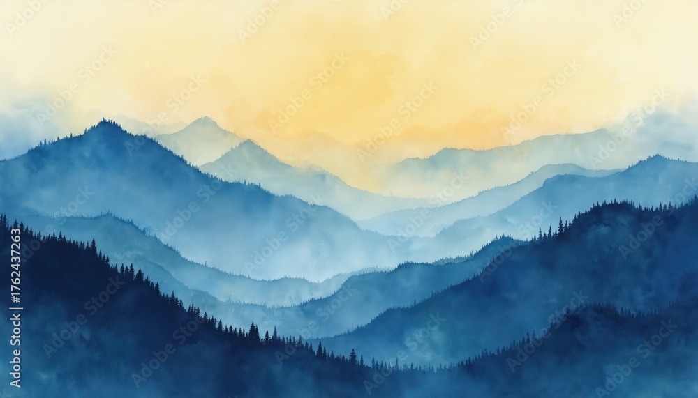 Fototapeta premium Blue misty mountain ranges with layered peaks, dense pine forest cover. Golden yellow sky brightens horizon at dawn. Artistic watercolor painting shows serene tranquil nature landscape, evoking