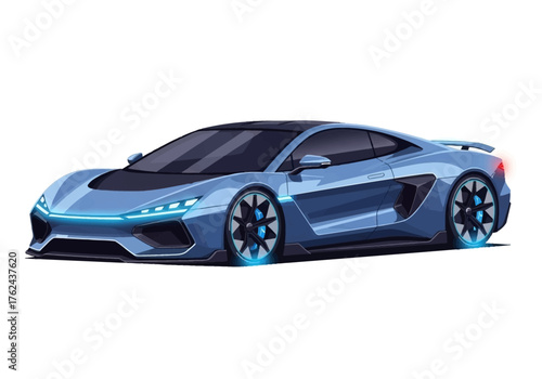 Blue futuristic sports car with sleek lines and neon accents against a white background