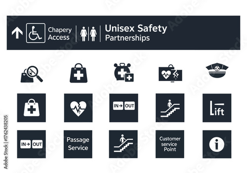Collection of Unisex Safety and Accessibility Pictograms for Public Spaces.