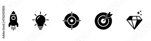 Mission, Vision, Values and Goals Icon Set. Rocket launch, Target, Diamond, Light bulb, icon symbol. company purpose flat icons. business creative concept with 3 steps. web page template