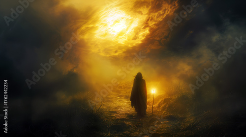 Woman Walking Through Dark Misty Valley Surrounded by Shadows and a Bright Celestial Sky