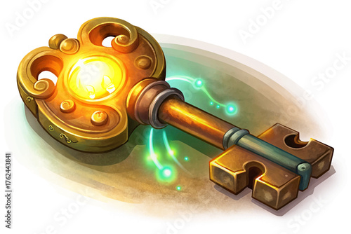 Ancient iron key glowing faintly vector, unlocking forgotten doors and cursed secret, white isolated background