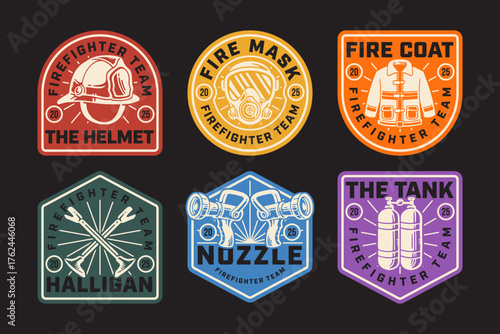 Fire department patch logo design set with helmet, gas mask, jacket, halligan bar, nozzle, tank. Firefighter emergency team retro badge logo design pack for rescue, safety, worker. Vector Illustration