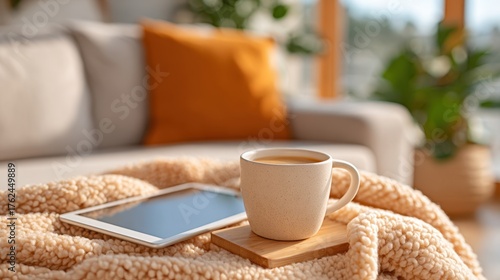 Cozy living room with coffee and tablet