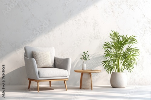 Bright room with green plant and cozy chair