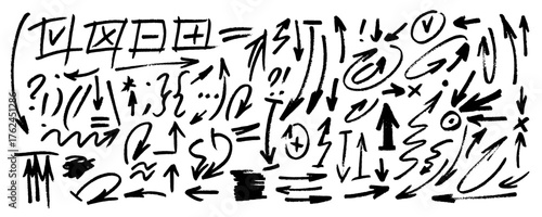 Group of chalked arrows and symbols. Hand drawn black charcoal symbols for hand drawn diagrams. Freehand different curved arrows, swirls, crosses, circles and check marks.