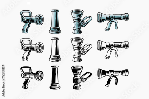 Fire hose nozzle, Firefighting nozzle, Water nozzle retro illustration set for rescue, safety, worker, industry. Hose connector, Fire equipment vector pack in colorful, engraving, silhouette style