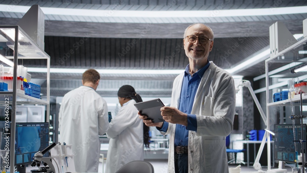 Fototapeta premium Portrait of professional scientist analyzing samples in modern laboratory, medical discovery process involves biotechnology research and molecular science. Healthcare data innovation.