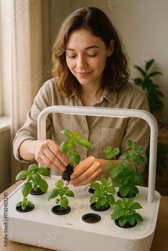 Young woman caring for fresh herbs in a smart indoor garden under grow light, creating a calm eco-friendly home vibe.