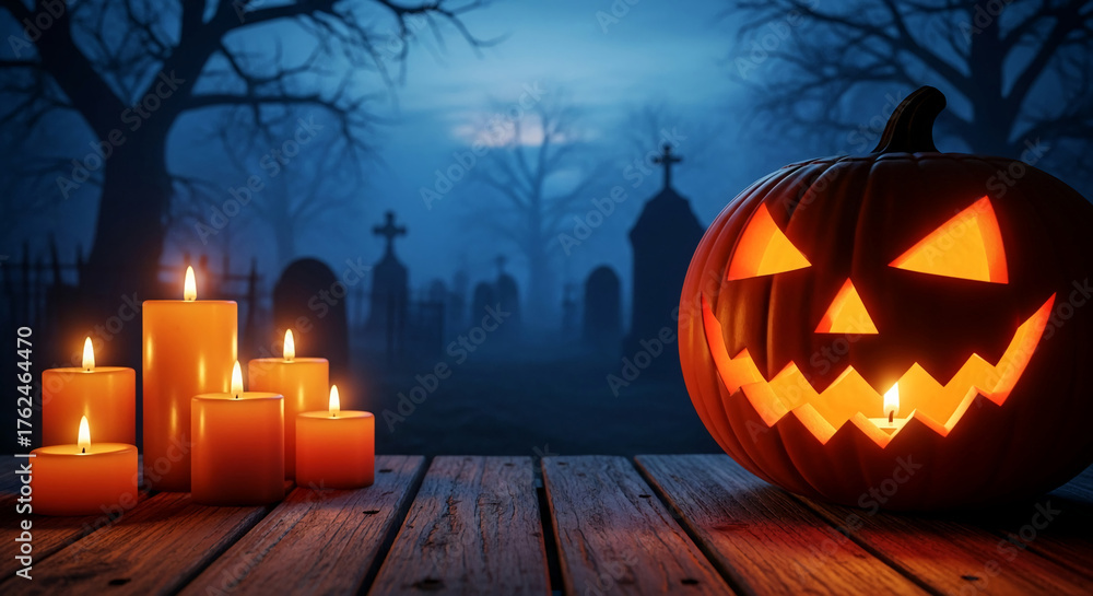 Obraz premium Illuminated pumpkin and candles on wooden planks against a dark graveyard scene, representing Halloween tradition, mystery, and seasonal celebration