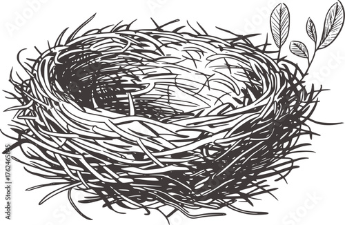 Black and white ink illustration of a bird nest with twigs and leaves vector