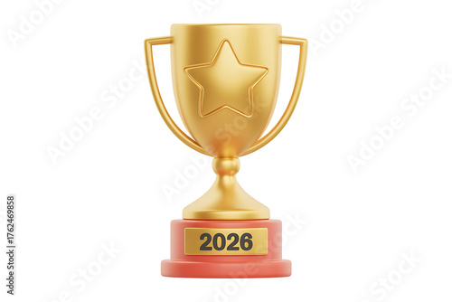 Golden trophy with a star design and the number 2026, celebrating achievement and victory.