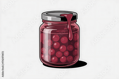 Glass jar filled with dark red berries and thick syrup, spilling from the lid.