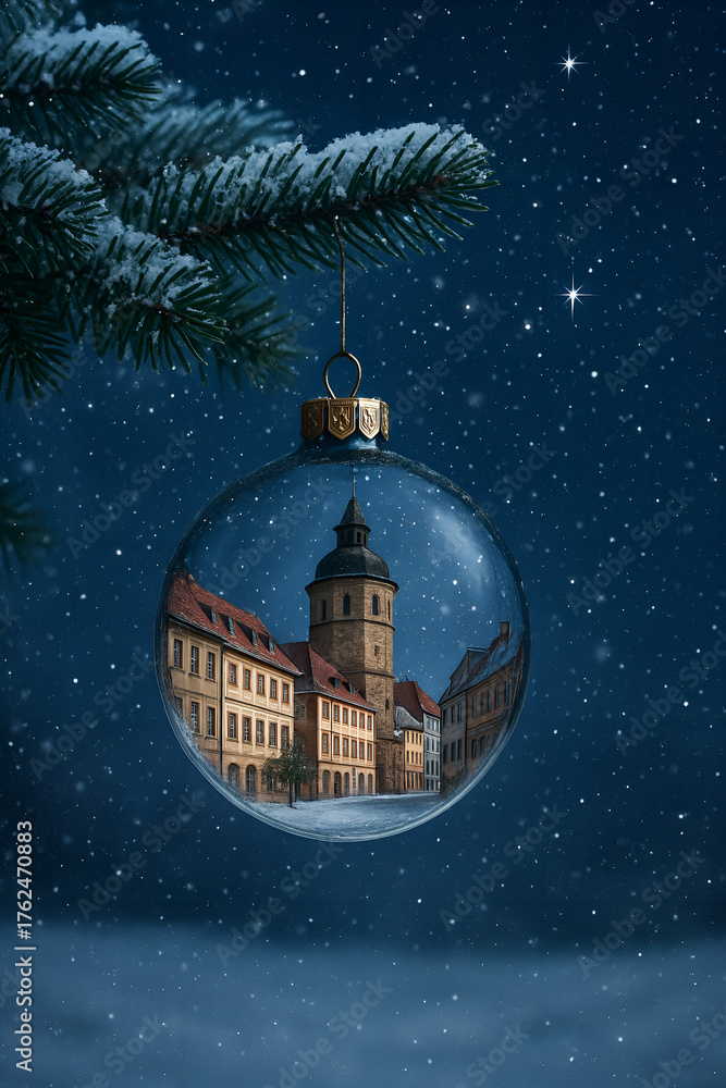 Fototapeta premium Weihnachtskugel mit winterlicher Stadtansicht