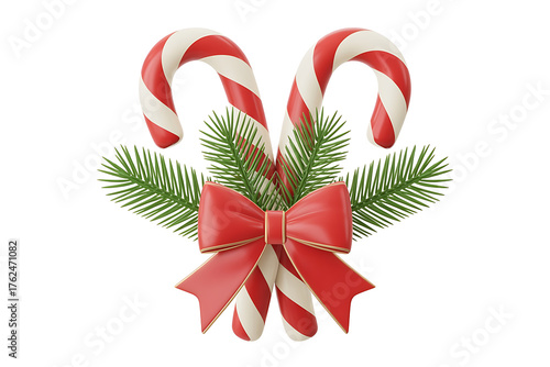 Festive candy canes, evergreen branches, and a red bow evoke holiday cheer.