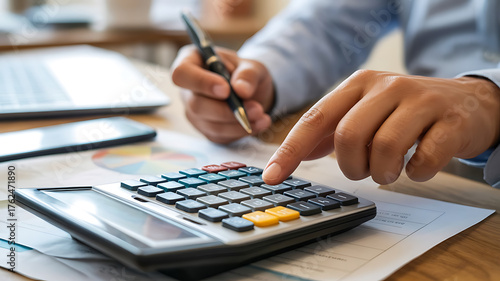 Hands operate a calculator amidst paperwork, illustrating financial calculations and business analysis.
