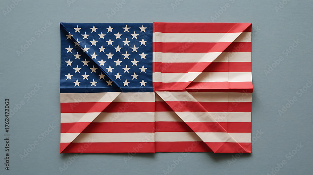 Fototapeta premium Origami artwork folded into the shape of the American flag, showcasing a unique, geometric design.