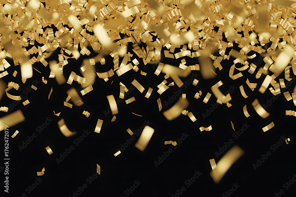 Obraz premium Golden confetti rains down against a dark background, creating a celebratory and festive atmosphere.