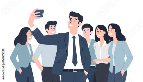 The boss taking a selfie with his cheerful team in a professional setting