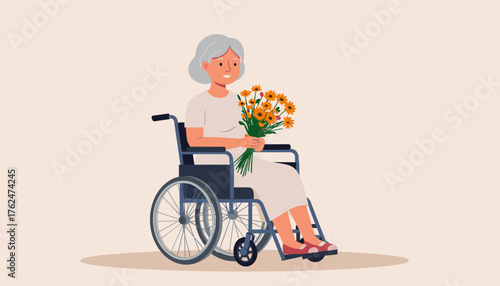 Senior woman in a wheelchair happily holding a bouquet of flowers in a cheerful illustration