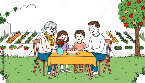 Elderly woman celebrating with her grandchildren at a table with a cake in a garden