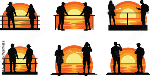 Silhouettes of couples at sunset by the ocean, romantic travel, leisure lifestyle, vacation concept, cad drawing flat vector illustration