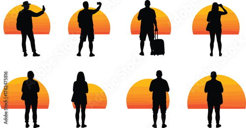 Silhouettes of travelers at sunset, people with luggage, phone, casual poses, vacation lifestyle, cad drawing flat vector illustration