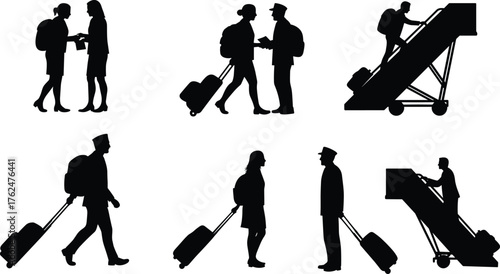 Airport silhouettes with passengers, staff, luggage, boarding stairs, handshake, travel communication, departure and arrival concept, cad drawing flat vector illustration