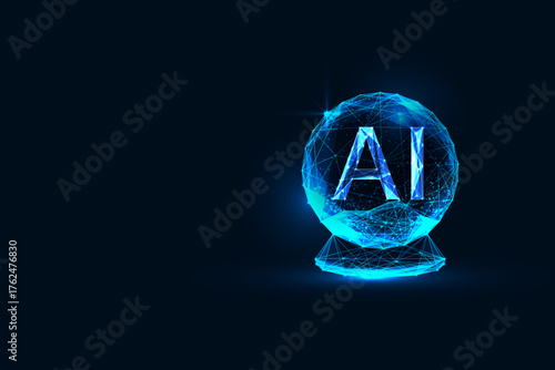 Futuristic AI glowing inside crystal ball or snowglobe, Christmas tech vector illustration